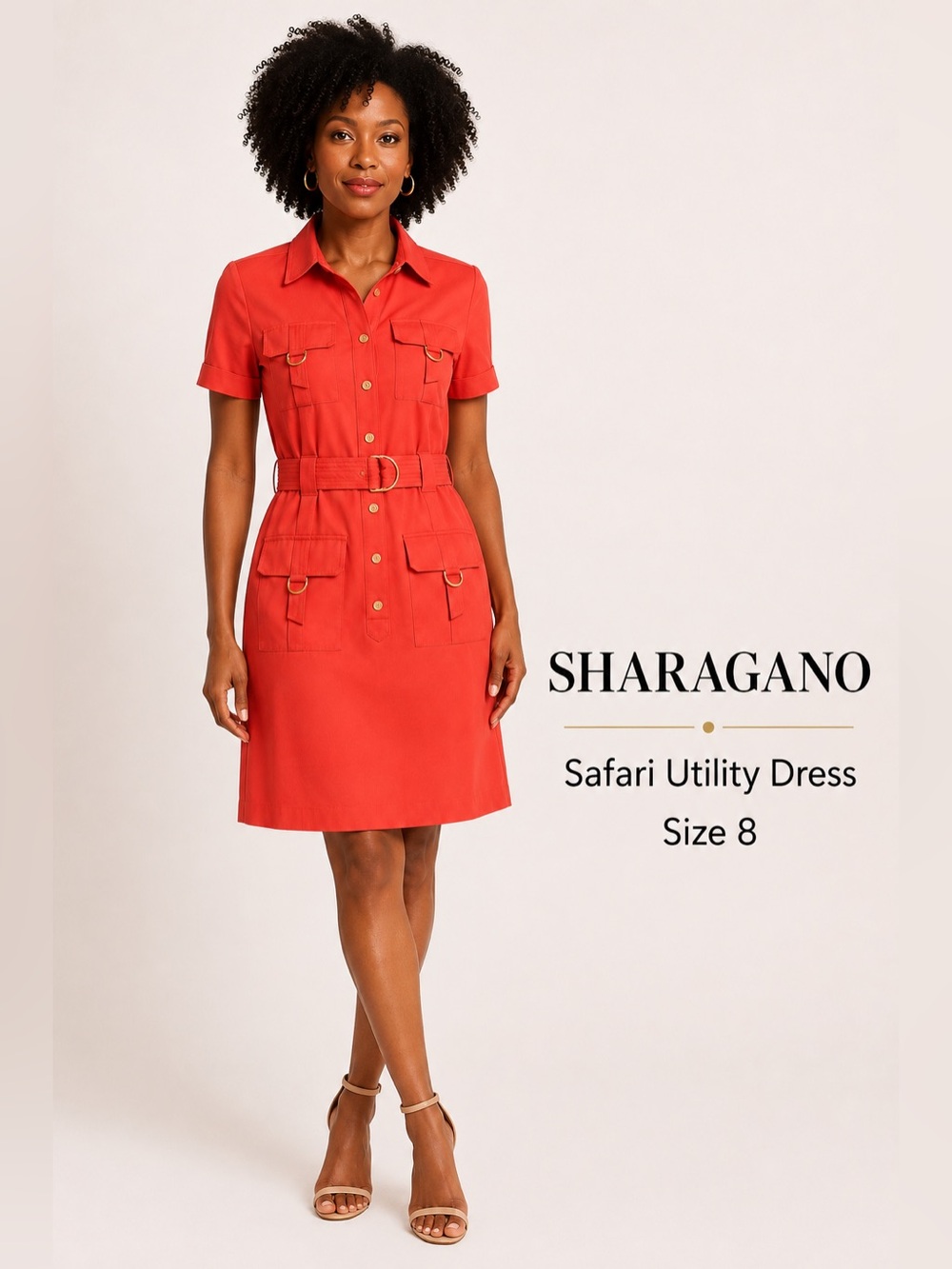 Sharagano Safari Utility Shirt Dress Size 8 Coral Red Belted Gold Hardware